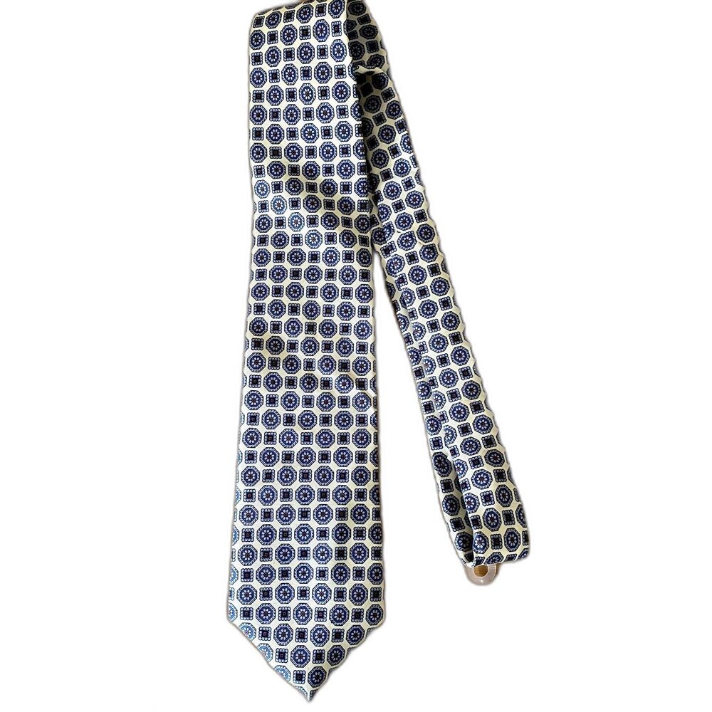 Envoy Men's Silk Tie Geometric‎ Pattern Blue White Formal Business Vintage 90s